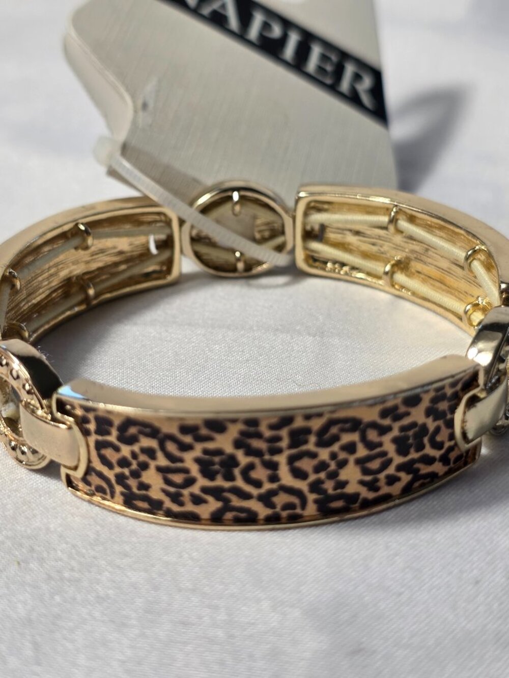 Napier Gold Tone Stretch Bracelet Leopard Print Inlay NEW